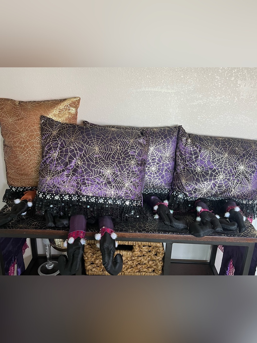 4 Spiderweb pillows with dangling witch legs with beaded trim. 1 Table runner